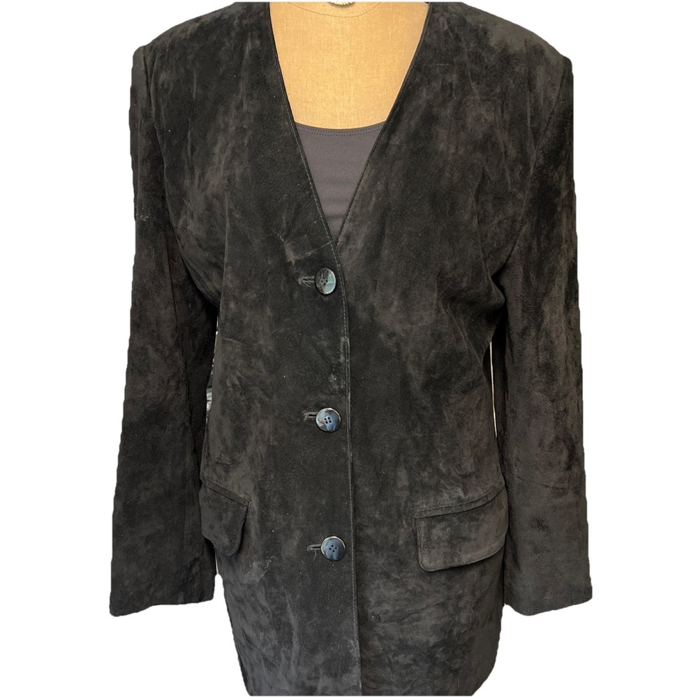 Vtg Evan Davies Suede Button Front Collarless Jacket Black Sz 12 Women's Lined‎